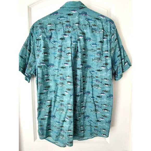 Eddie Bauer Shirt Men's Large Teal Allover Fish Print Cotton Short Sleeve - Picture 2 of 6
